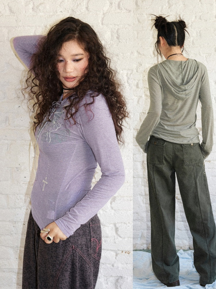 Floral Notes Old Stories V-Neck Slim Knit Vintage Printed Hooded Tie Long-Sleeve T-Shirt【s0000018165】