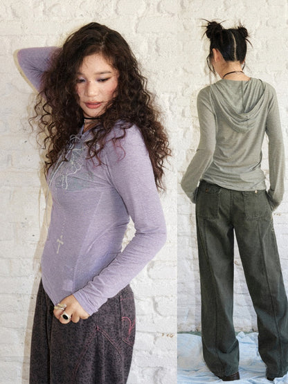 Floral Notes Old Stories V-Neck Slim Knit Vintage Printed Hooded Tie Long-Sleeve T-Shirt【s0000018165】