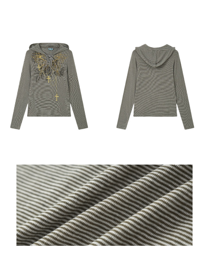 Floral Notes Old Stories V-Neck Slim Knit Vintage Printed Hooded Tie Long-Sleeve T-Shirt【s0000018165】