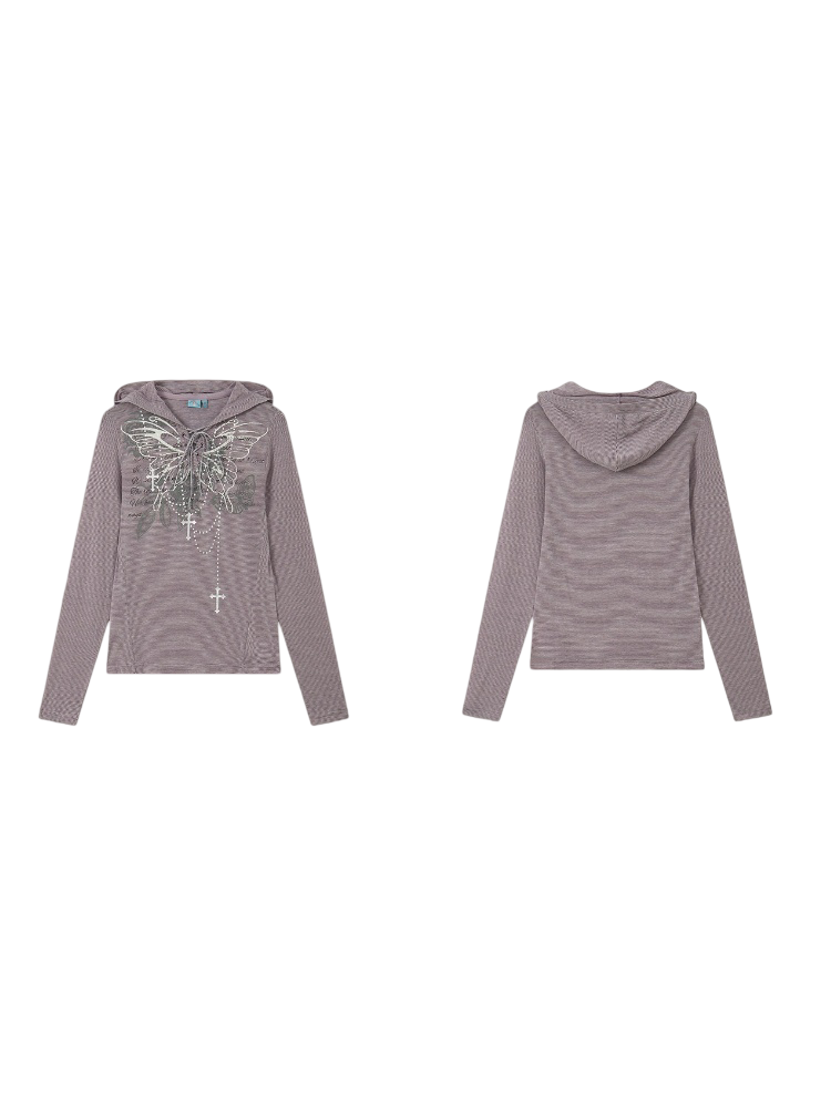 Floral Notes Old Stories V-Neck Slim Knit Vintage Printed Hooded Tie Long-Sleeve T-Shirt【s0000018165】