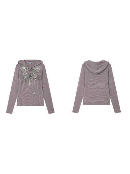 Floral Notes Old Stories V-Neck Slim Knit Vintage Printed Hooded Tie Long-Sleeve T-Shirt【s0000018165】