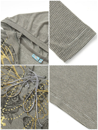 Floral Notes Old Stories V-Neck Slim Knit Vintage Printed Hooded Tie Long-Sleeve T-Shirt【s0000018165】