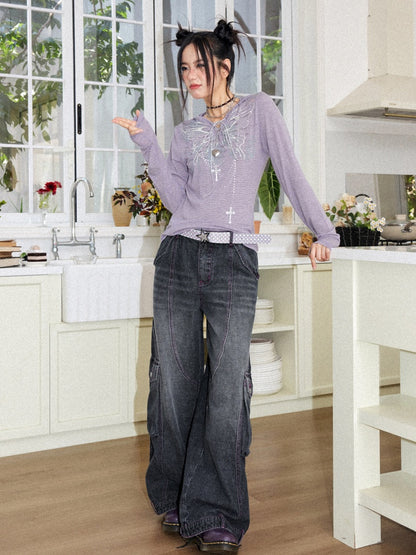 Floral Notes Old Stories V-Neck Slim Knit Vintage Printed Hooded Tie Long-Sleeve T-Shirt【s0000018165】