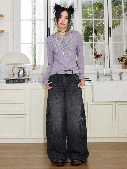 Floral Notes Old Stories V-Neck Slim Knit Vintage Printed Hooded Tie Long-Sleeve T-Shirt【s0000018165】