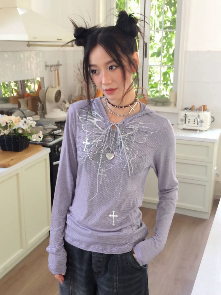 Floral Notes Old Stories V-Neck Slim Knit Vintage Printed Hooded Tie Long-Sleeve T-Shirt【s0000018165】