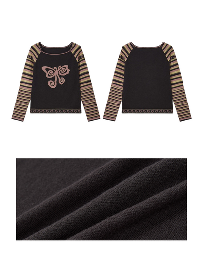 Short Raglan-Sleeve Color-Block Striped Butterfly Jacquard Crew Neck Sweater【s0000018166】