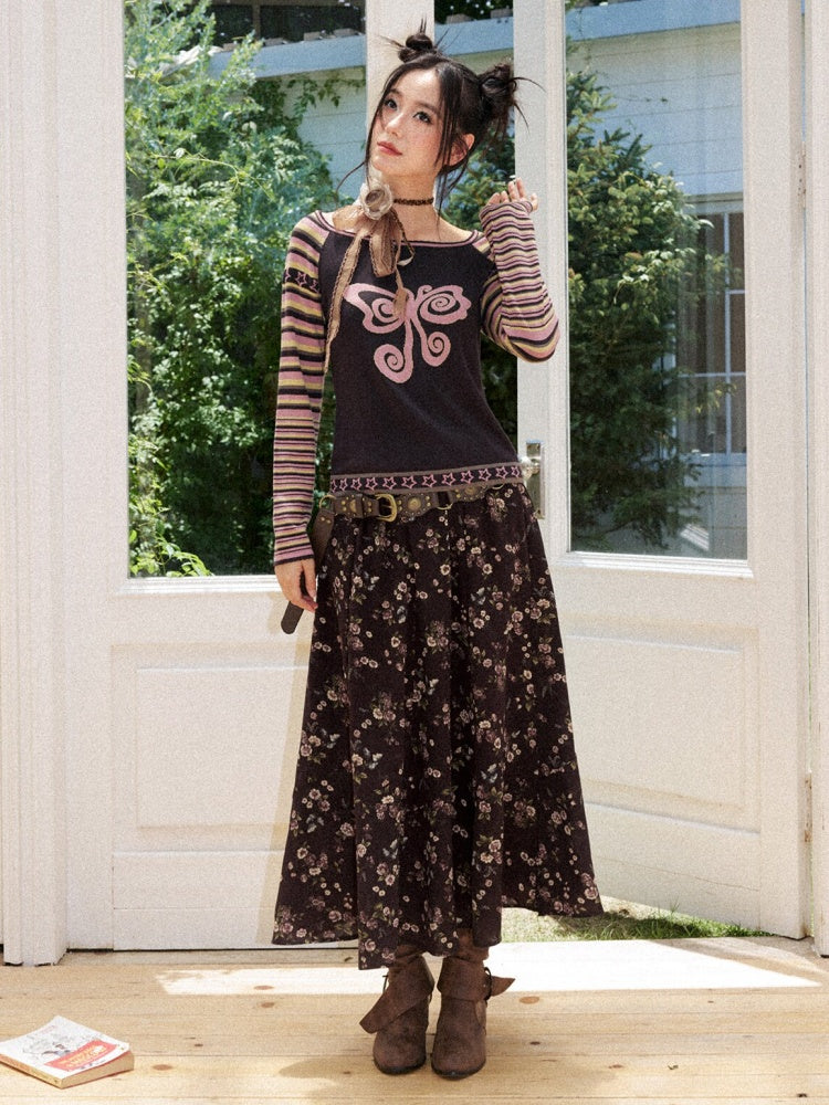 Short Raglan-Sleeve Color-Block Striped Butterfly Jacquard Crew Neck Sweater【s0000018166】
