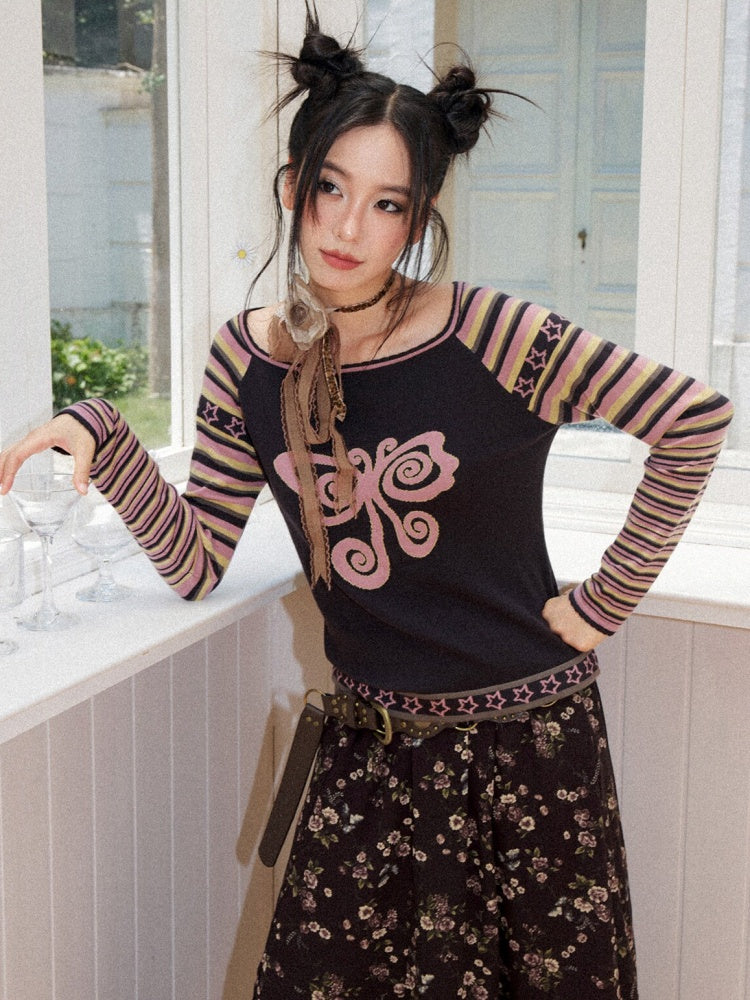 Short Raglan-Sleeve Color-Block Striped Butterfly Jacquard Crew Neck Sweater【s0000018166】