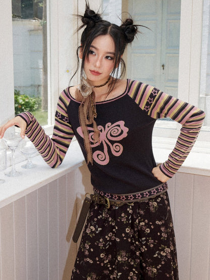 Short Raglan-Sleeve Color-Block Striped Butterfly Jacquard Crew Neck Sweater【s0000018166】