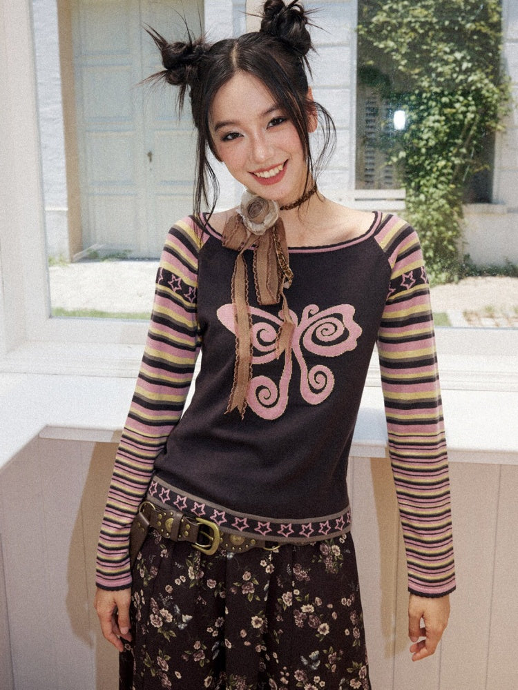 Short Raglan-Sleeve Color-Block Striped Butterfly Jacquard Crew Neck Sweater【s0000018166】