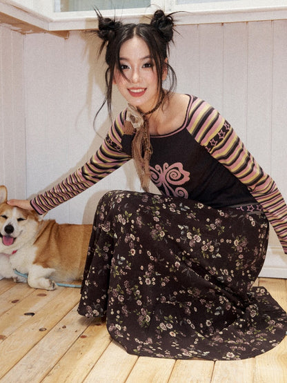 Short Raglan-Sleeve Color-Block Striped Butterfly Jacquard Crew Neck Sweater【s0000018166】