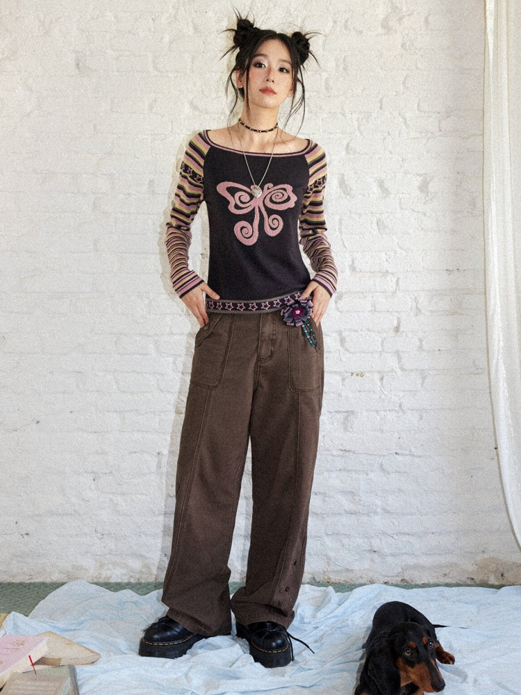 Short Raglan-Sleeve Color-Block Striped Butterfly Jacquard Crew Neck Sweater【s0000018166】