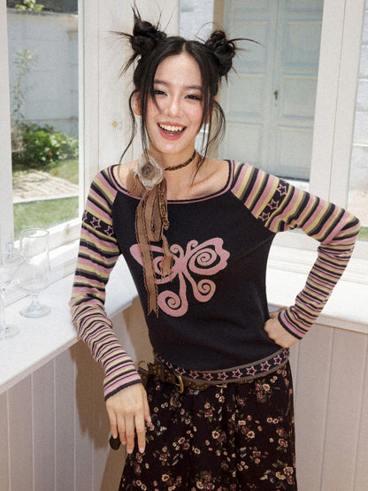 Short Raglan-Sleeve Color-Block Striped Butterfly Jacquard Crew Neck Sweater【s0000018166】