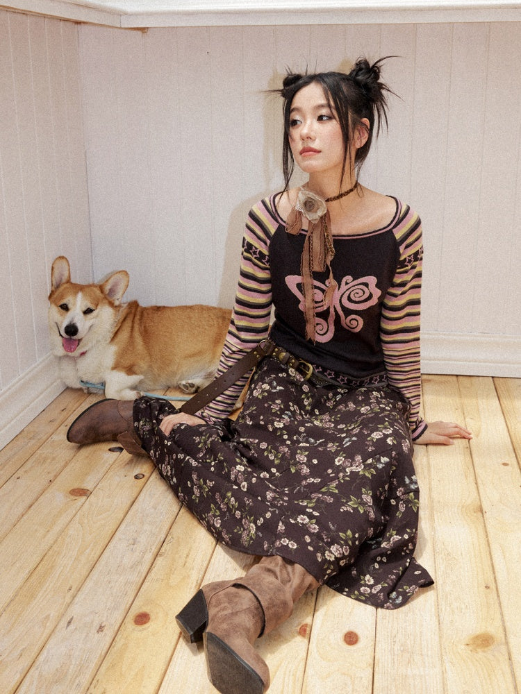 Short Raglan-Sleeve Color-Block Striped Butterfly Jacquard Crew Neck Sweater【s0000018166】