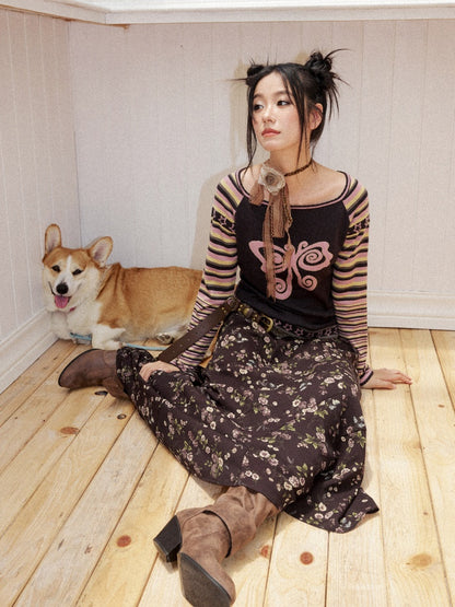 Short Raglan-Sleeve Color-Block Striped Butterfly Jacquard Crew Neck Sweater【s0000018166】