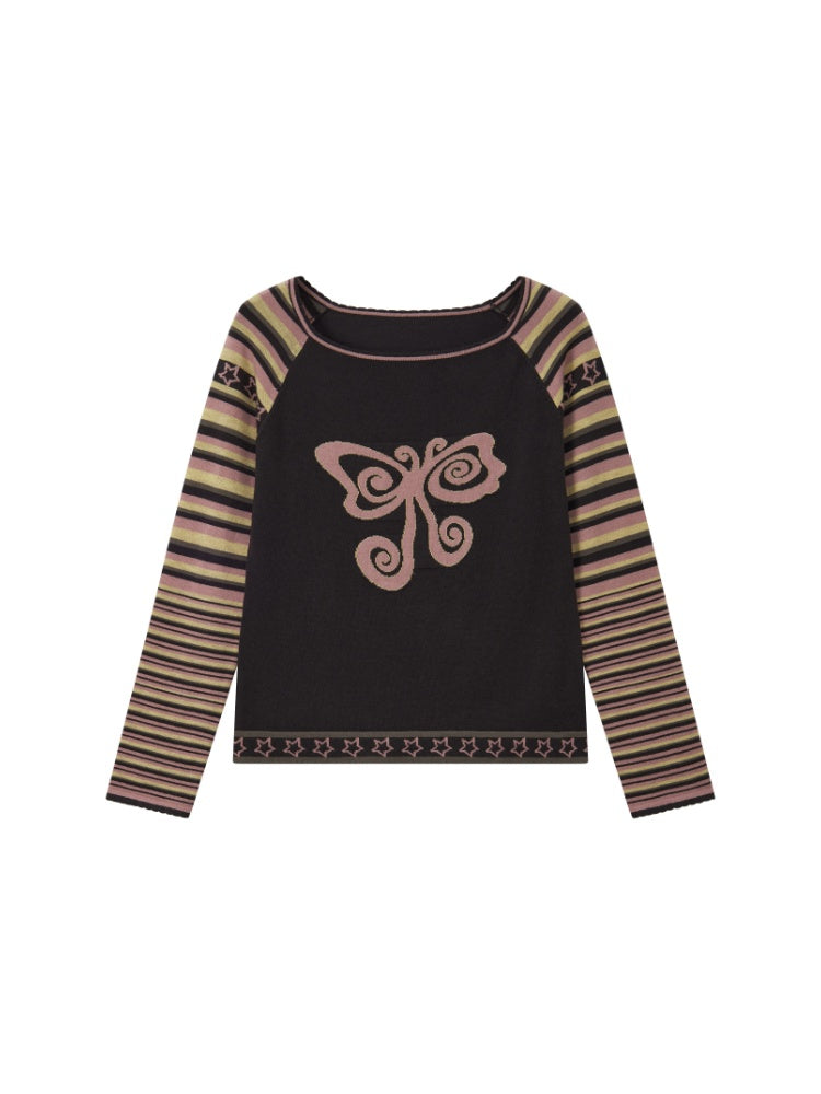 Short Raglan-Sleeve Color-Block Striped Butterfly Jacquard Crew Neck Sweater【s0000018166】