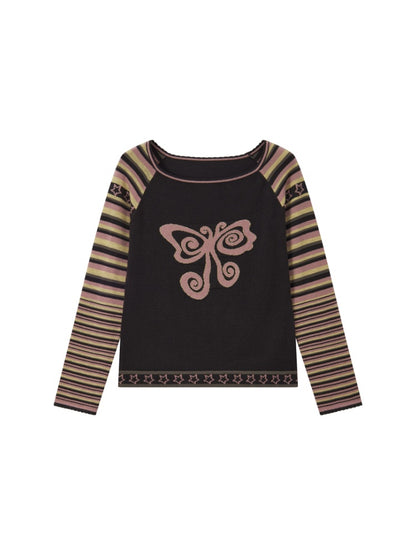 Short Raglan-Sleeve Color-Block Striped Butterfly Jacquard Crew Neck Sweater【s0000018166】