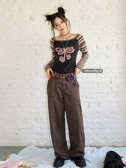 Short Raglan-Sleeve Color-Block Striped Butterfly Jacquard Crew Neck Sweater【s0000018166】