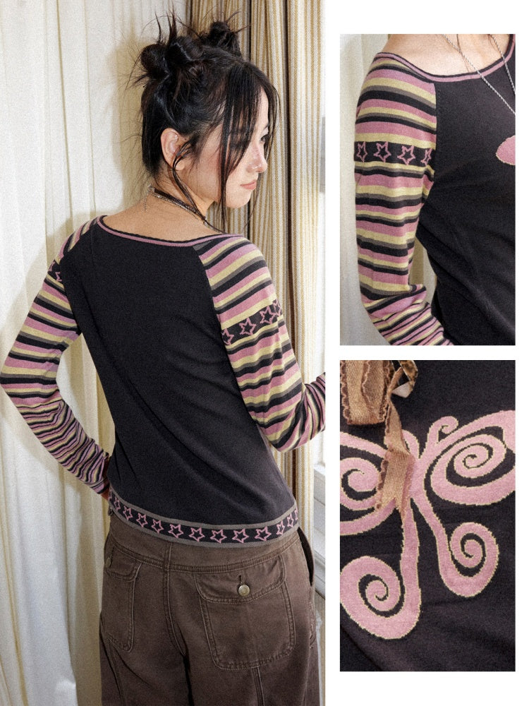 Short Raglan-Sleeve Color-Block Striped Butterfly Jacquard Crew Neck Sweater【s0000018166】