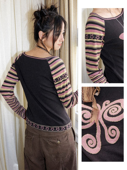 Short Raglan-Sleeve Color-Block Striped Butterfly Jacquard Crew Neck Sweater【s0000018166】