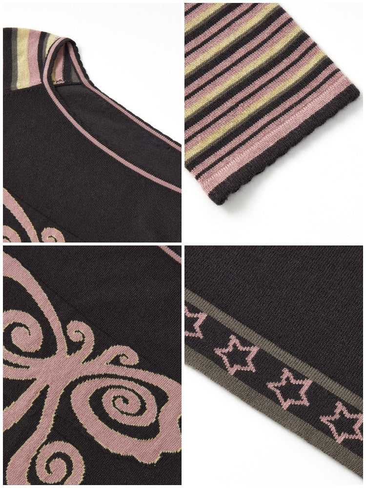 Short Raglan-Sleeve Color-Block Striped Butterfly Jacquard Crew Neck Sweater【s0000018166】