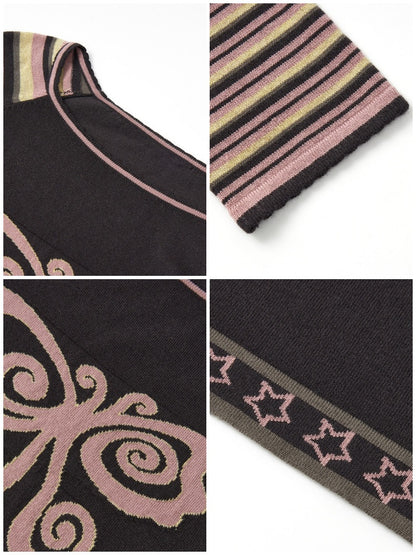 Short Raglan-Sleeve Color-Block Striped Butterfly Jacquard Crew Neck Sweater【s0000018166】
