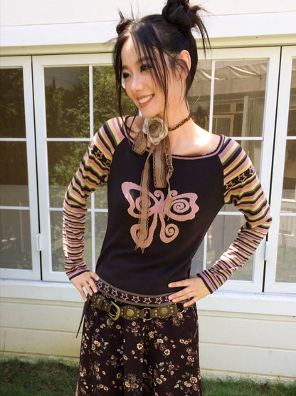 Short Raglan-Sleeve Color-Block Striped Butterfly Jacquard Crew Neck Sweater【s0000018166】