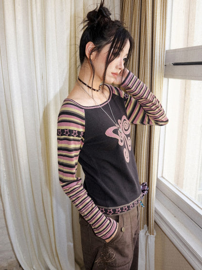 Short Raglan-Sleeve Color-Block Striped Butterfly Jacquard Crew Neck Sweater【s0000018166】