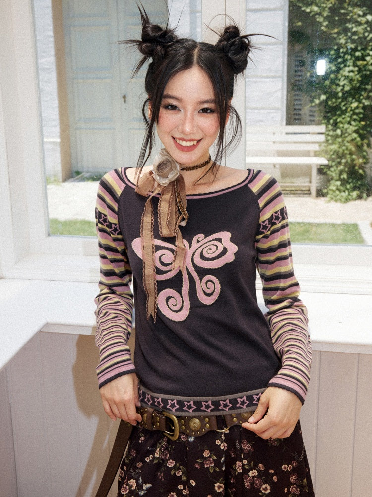 Short Raglan-Sleeve Color-Block Striped Butterfly Jacquard Crew Neck Sweater【s0000018166】
