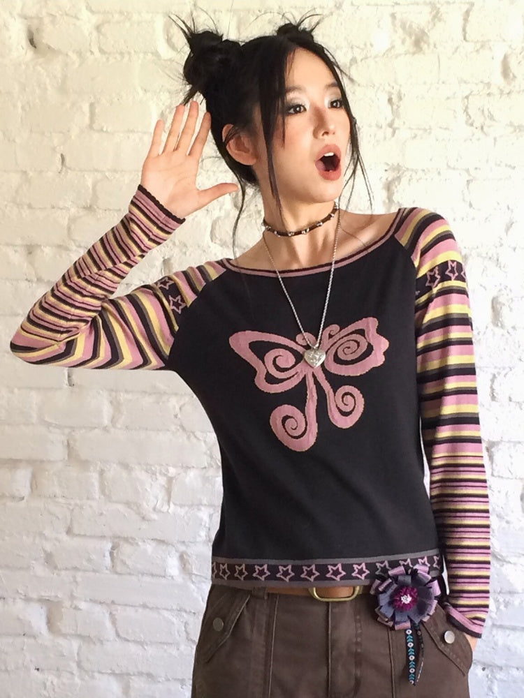 Short Raglan-Sleeve Color-Block Striped Butterfly Jacquard Crew Neck Sweater【s0000018166】