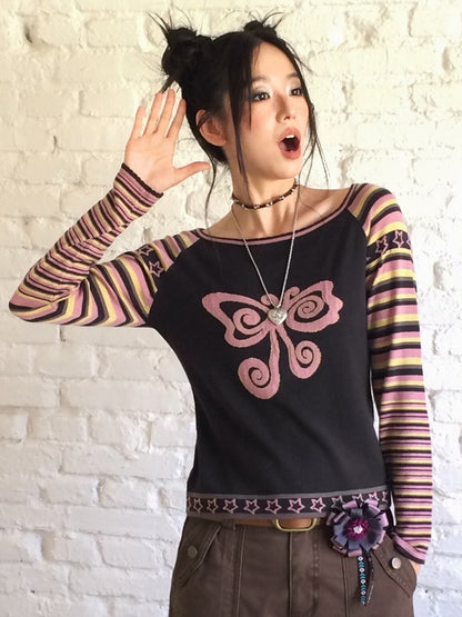Short Raglan-Sleeve Color-Block Striped Butterfly Jacquard Crew Neck Sweater【s0000018166】