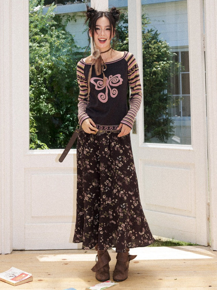 Short Raglan-Sleeve Color-Block Striped Butterfly Jacquard Crew Neck Sweater【s0000018166】