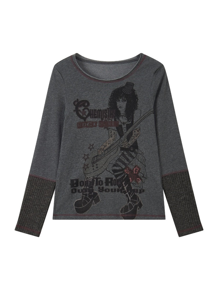Retro Rock Print Patchwork Ribbed Slimming Crew Neck Long-Sleeve T-Shirt【s0000018167】