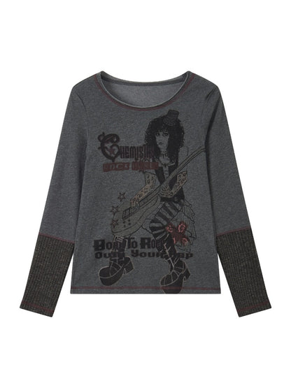 Retro Rock Print Patchwork Ribbed Slimming Crew Neck Long-Sleeve T-Shirt【s0000018167】