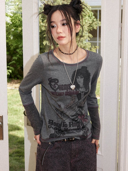 Retro Rock Print Patchwork Ribbed Slimming Crew Neck Long-Sleeve T-Shirt【s0000018167】