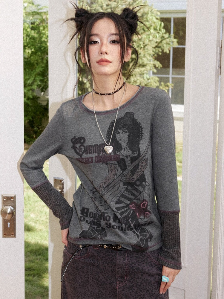 Retro Rock Print Patchwork Ribbed Slimming Crew Neck Long-Sleeve T-Shirt【s0000018167】