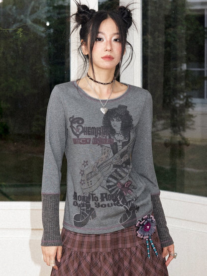 Retro Rock Print Patchwork Ribbed Slimming Crew Neck Long-Sleeve T-Shirt【s0000018167】