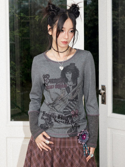 Retro Rock Print Patchwork Ribbed Slimming Crew Neck Long-Sleeve T-Shirt【s0000018167】