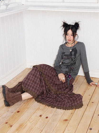 Retro Rock Print Patchwork Ribbed Slimming Crew Neck Long-Sleeve T-Shirt【s0000018167】