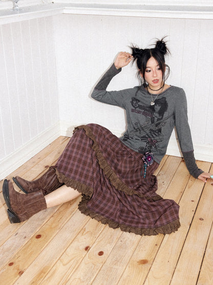 Retro Rock Print Patchwork Ribbed Slimming Crew Neck Long-Sleeve T-Shirt【s0000018167】