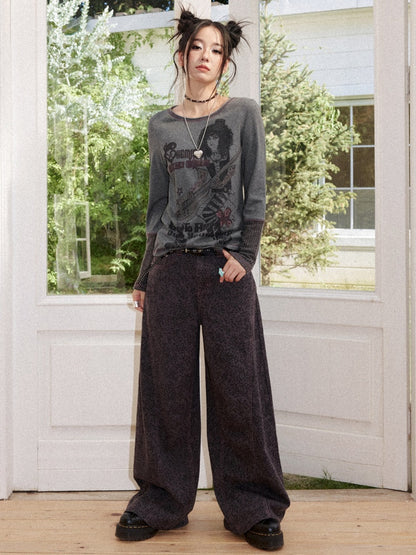 Retro Rock Print Patchwork Ribbed Slimming Crew Neck Long-Sleeve T-Shirt【s0000018167】