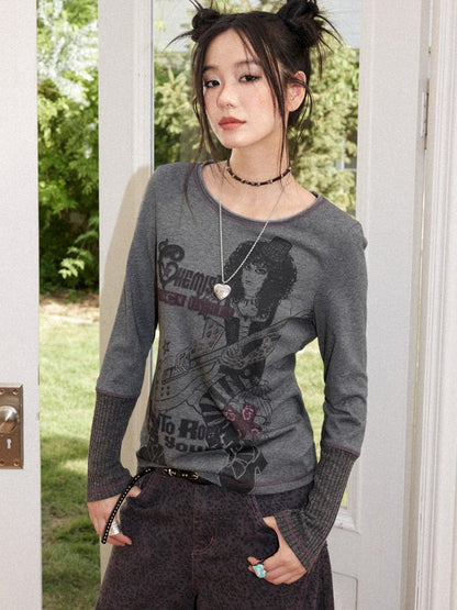 Retro Rock Print Patchwork Ribbed Slimming Crew Neck Long-Sleeve T-Shirt【s0000018167】