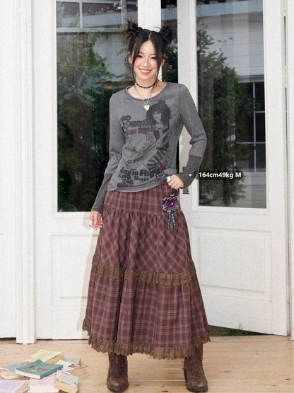 Retro Rock Print Patchwork Ribbed Slimming Crew Neck Long-Sleeve T-Shirt【s0000018167】