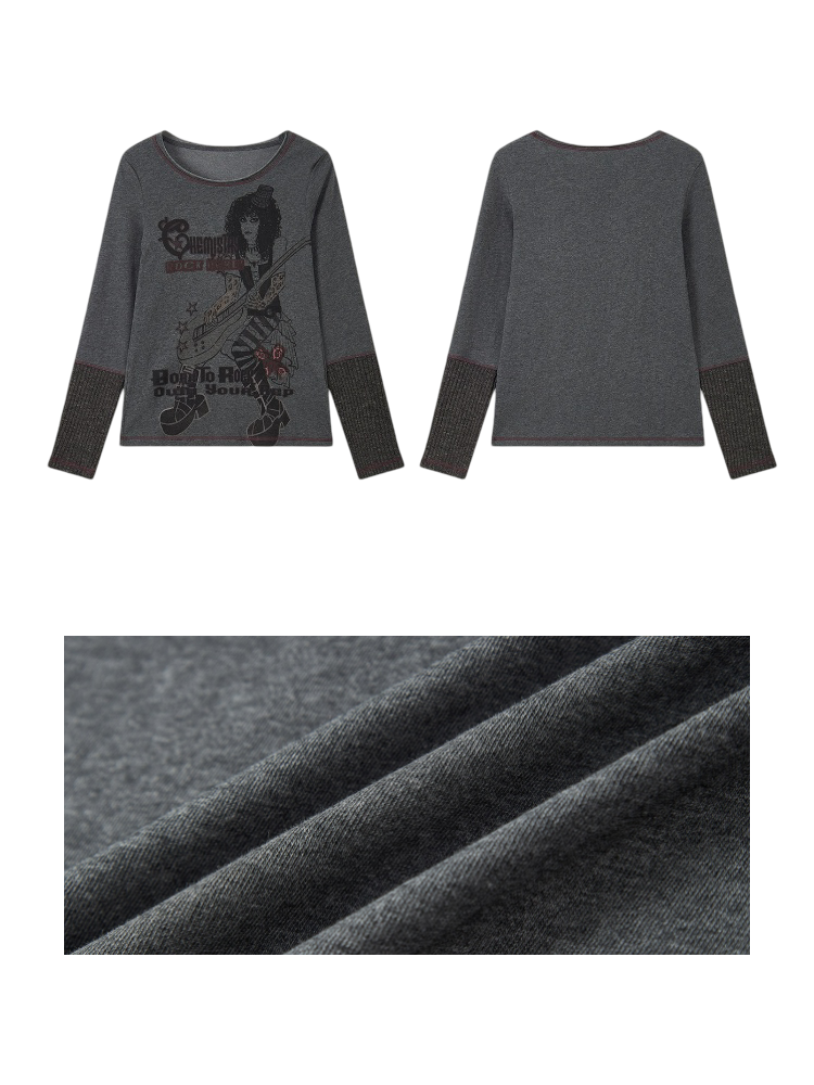 Retro Rock Print Patchwork Ribbed Slimming Crew Neck Long-Sleeve T-Shirt【s0000018167】