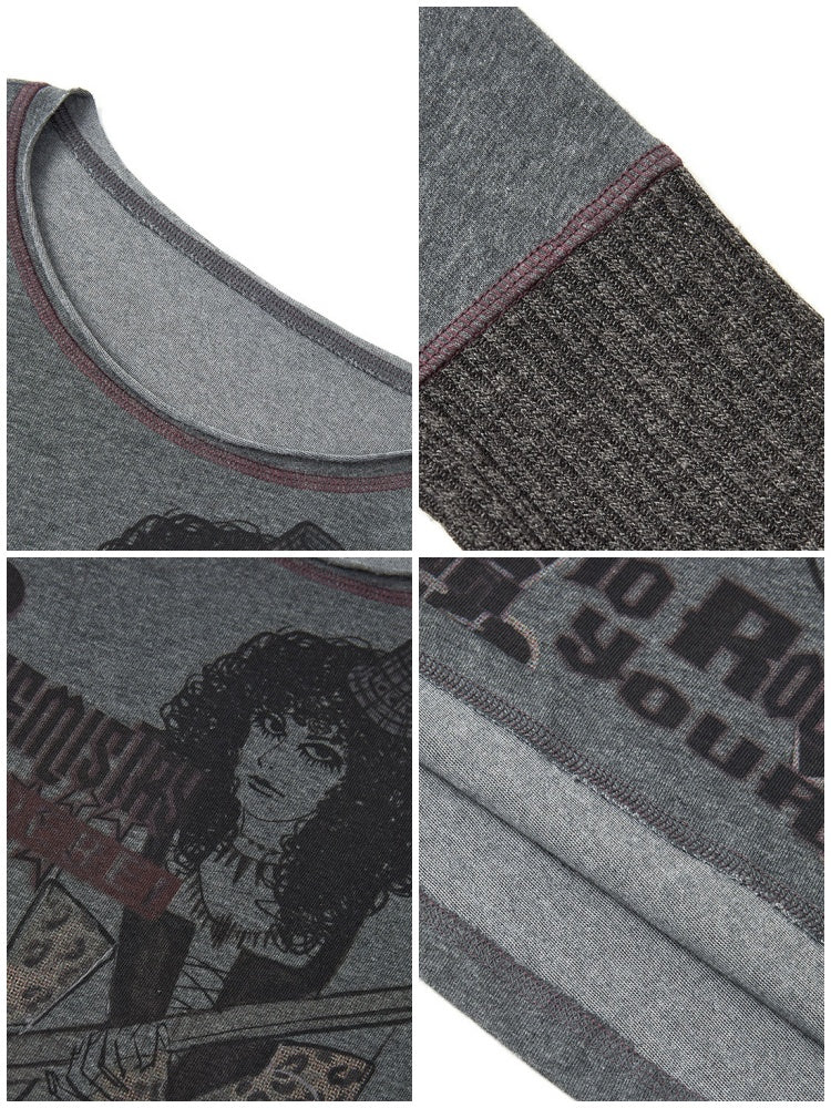 Retro Rock Print Patchwork Ribbed Slimming Crew Neck Long-Sleeve T-Shirt【s0000018167】