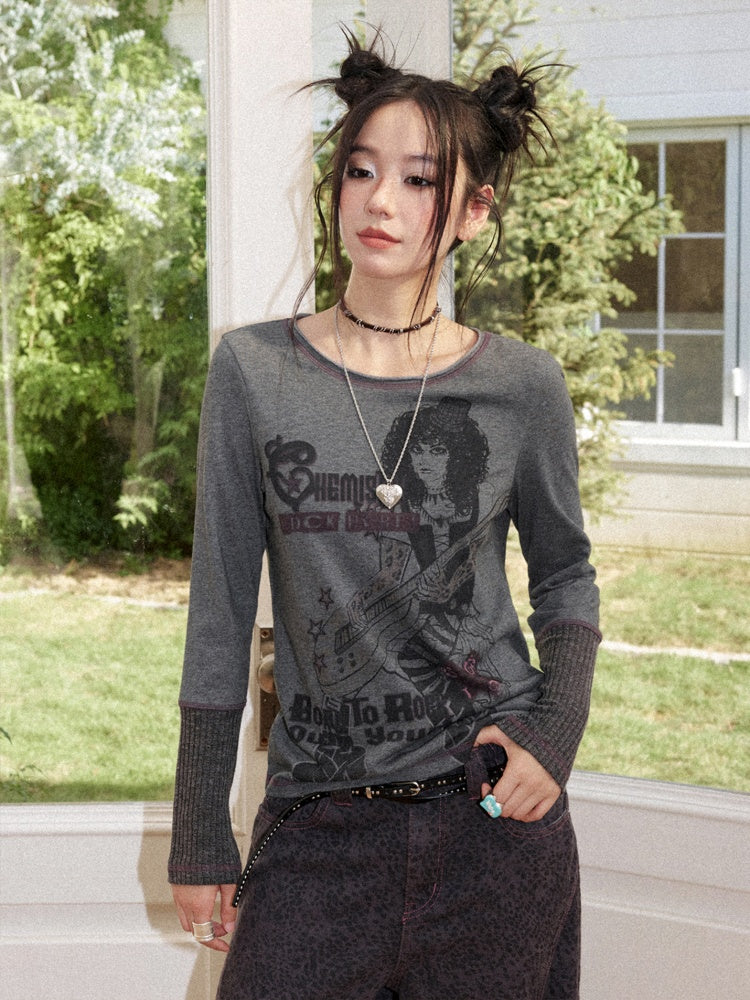 Retro Rock Print Patchwork Ribbed Slimming Crew Neck Long-Sleeve T-Shirt【s0000018167】