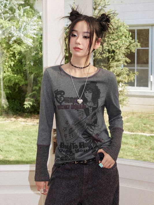 Retro Rock Print Patchwork Ribbed Slimming Crew Neck Long-Sleeve T-Shirt【s0000018167】