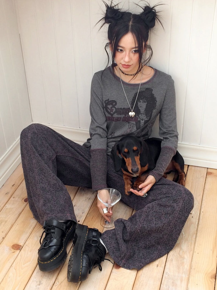 Retro Rock Print Patchwork Ribbed Slimming Crew Neck Long-Sleeve T-Shirt【s0000018167】