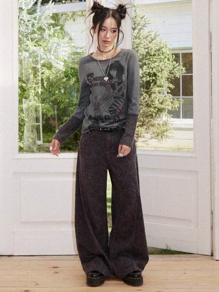 Retro Rock Print Patchwork Ribbed Slimming Crew Neck Long-Sleeve T-Shirt【s0000018167】