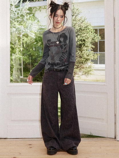 Retro Rock Print Patchwork Ribbed Slimming Crew Neck Long-Sleeve T-Shirt【s0000018167】